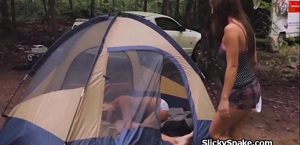  Camping threeway with perky teen babes